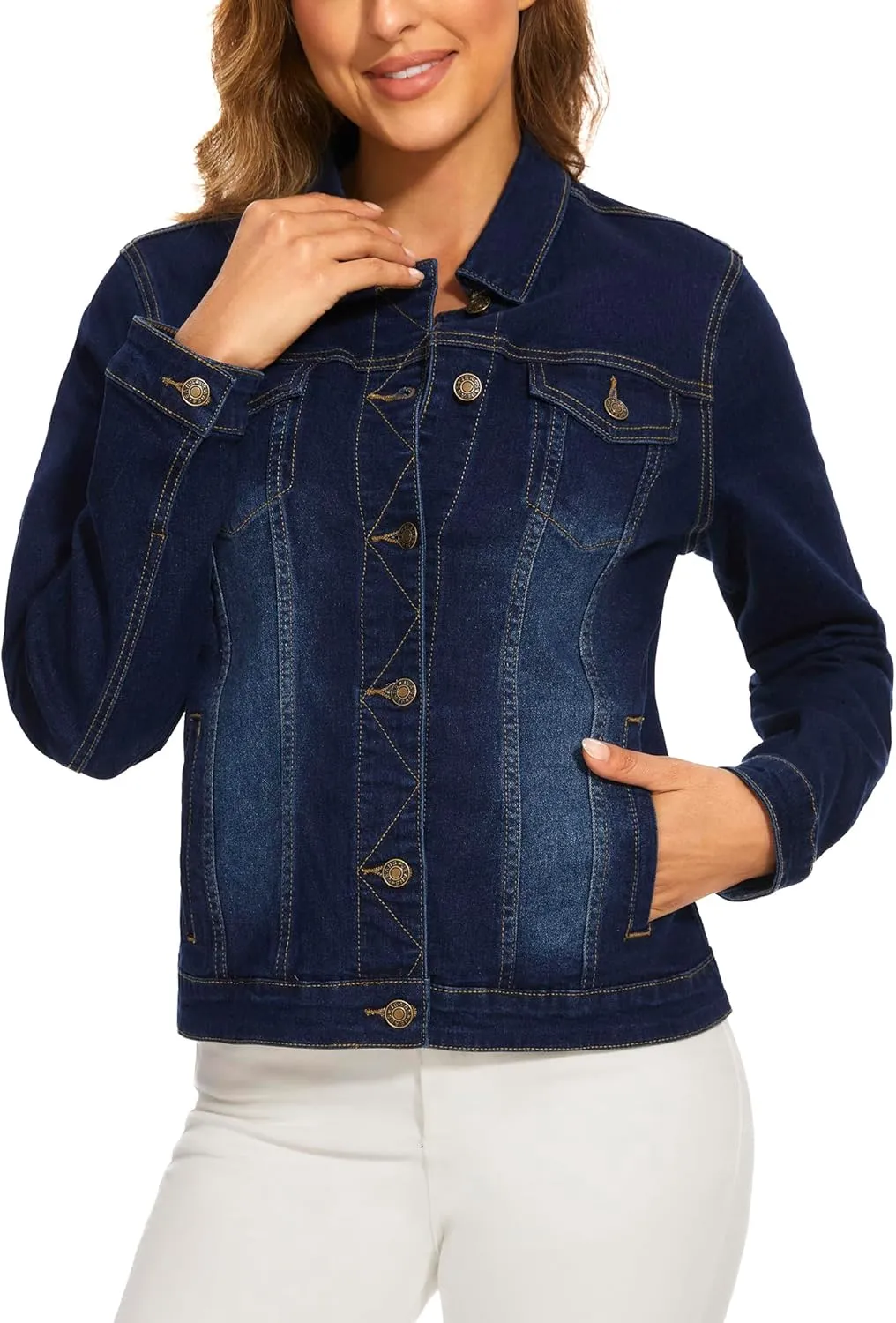 Anienaya Women's Stretch Denim Jacket Long Sleeve Basic Trendy Button Up Trucker Jean Jackets