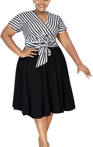 BFFBABY Plus Size Dress A Line Stripe Midi Dresses for Women Summer Short Sleeve Casual Belted