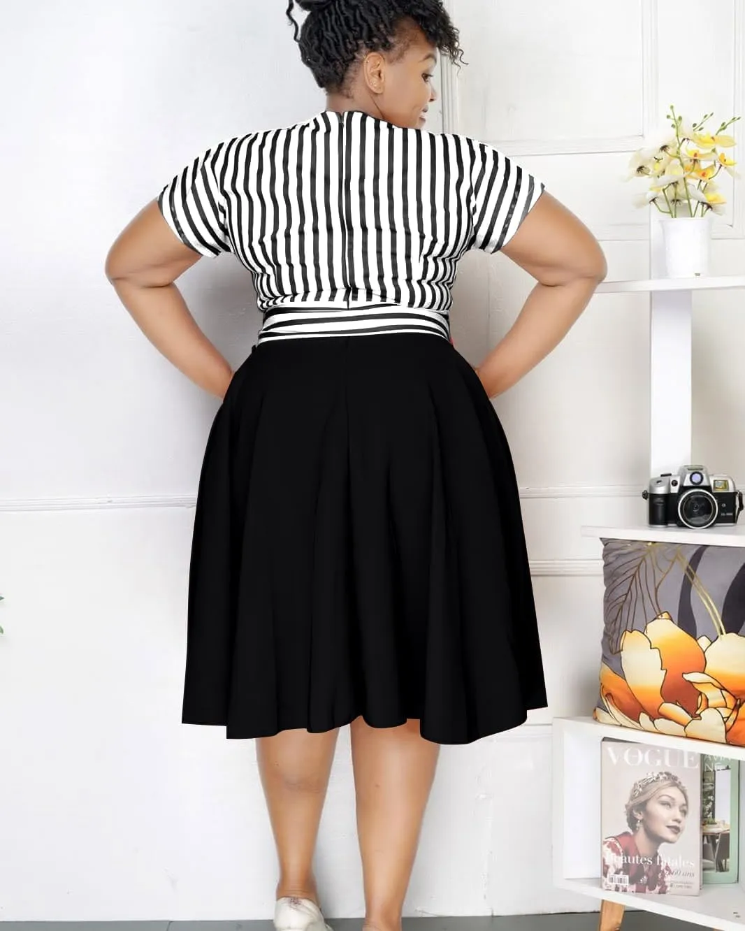 BFFBABY Plus Size Dress A Line Stripe Midi Dresses for Women Summer Short Sleeve Casual Belted