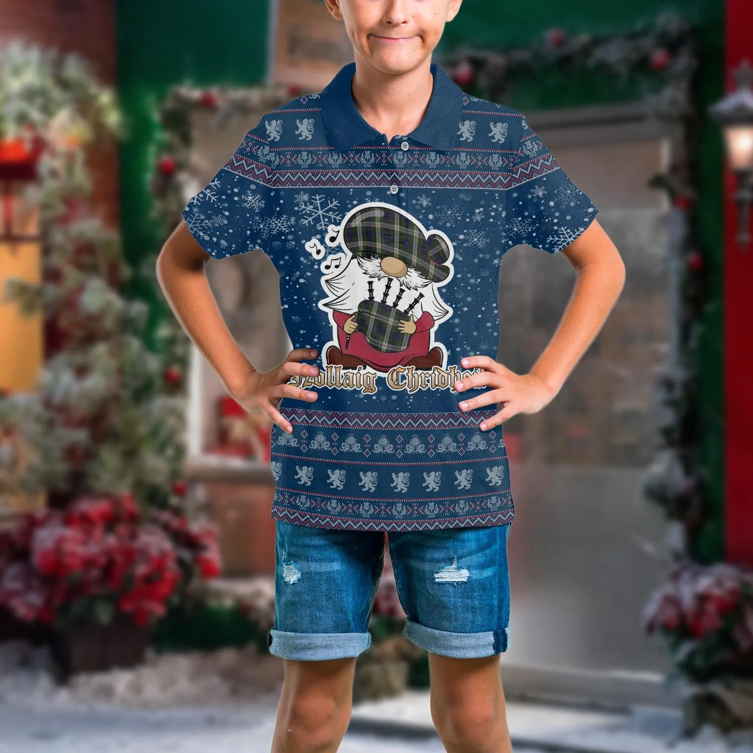 Blair Dress Clan Christmas Family Polo Shirt with Funny Gnome Playing Bagpipes