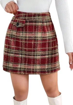 chouyatou Women's Fall Winter Sexy Plaid Pencil Wool Skirts High Waisted Casual Bodycon Short Mini Skirts