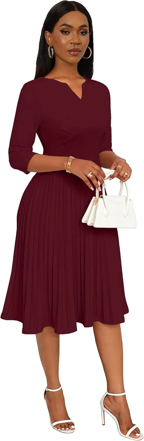 CLOCOR Midi Dresses for Women Casual Wrap Flared Pleated Dress A Line 3/4 Sleeve V Neck Church Cocktail Wedding Guest Dress