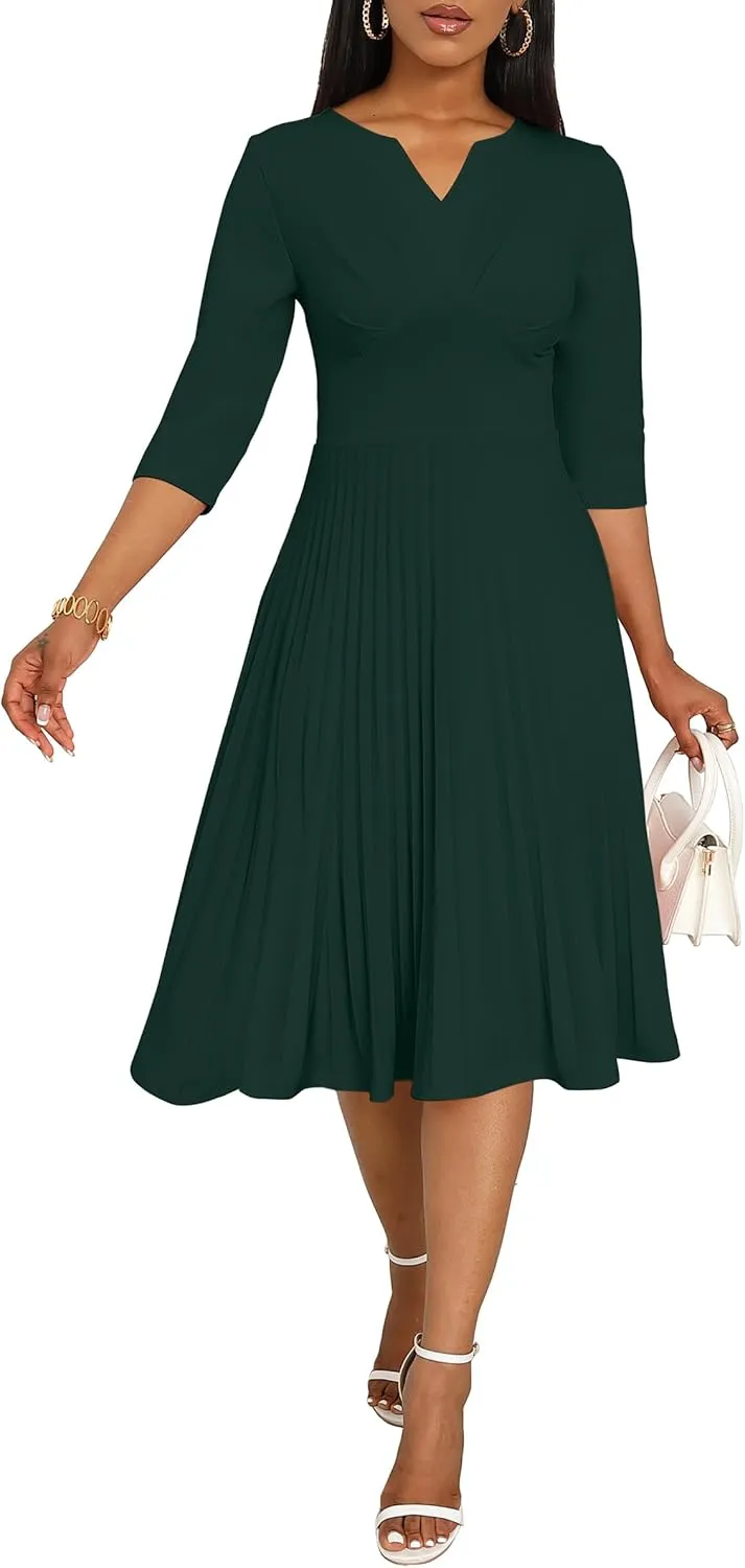 CLOCOR Midi Dresses for Women Casual Wrap Flared Pleated Dress A Line 3/4 Sleeve V Neck Church Cocktail Wedding Guest Dress