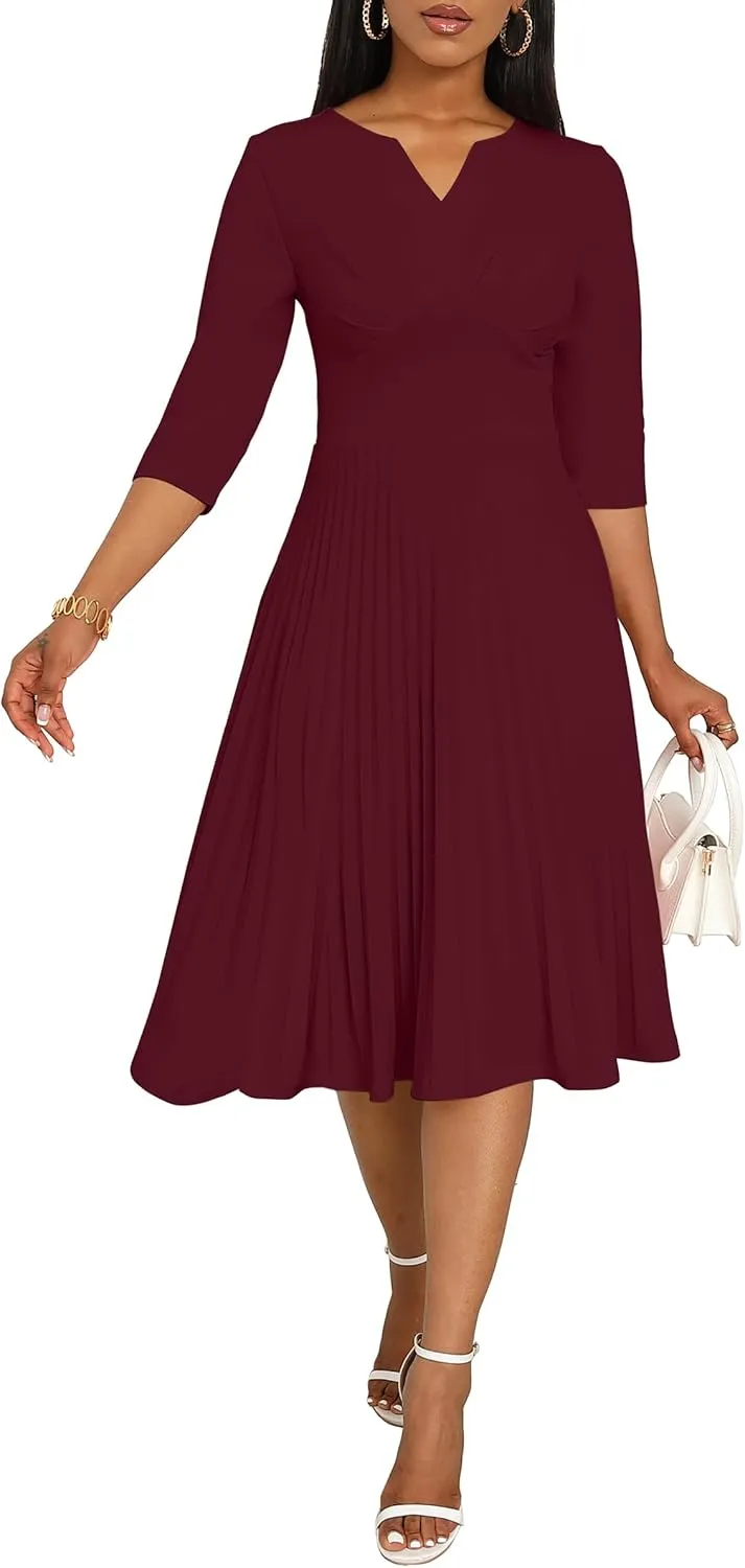 CLOCOR Midi Dresses for Women Casual Wrap Flared Pleated Dress A Line 3/4 Sleeve V Neck Church Cocktail Wedding Guest Dress