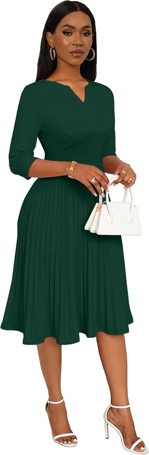 CLOCOR Midi Dresses for Women Casual Wrap Flared Pleated Dress A Line 3/4 Sleeve V Neck Church Cocktail Wedding Guest Dress