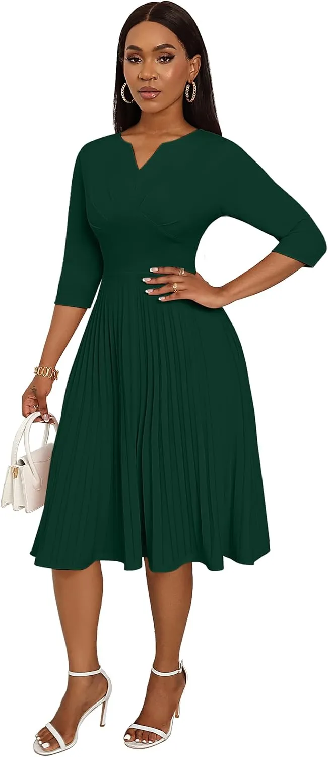 CLOCOR Midi Dresses for Women Casual Wrap Flared Pleated Dress A Line 3/4 Sleeve V Neck Church Cocktail Wedding Guest Dress