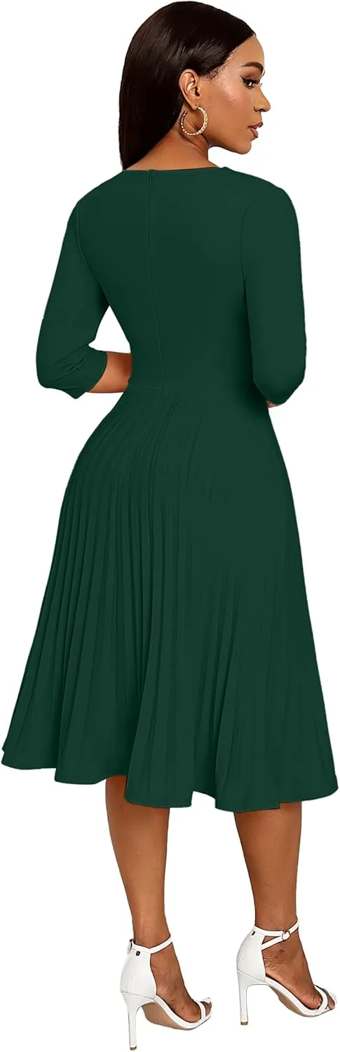 CLOCOR Midi Dresses for Women Casual Wrap Flared Pleated Dress A Line 3/4 Sleeve V Neck Church Cocktail Wedding Guest Dress