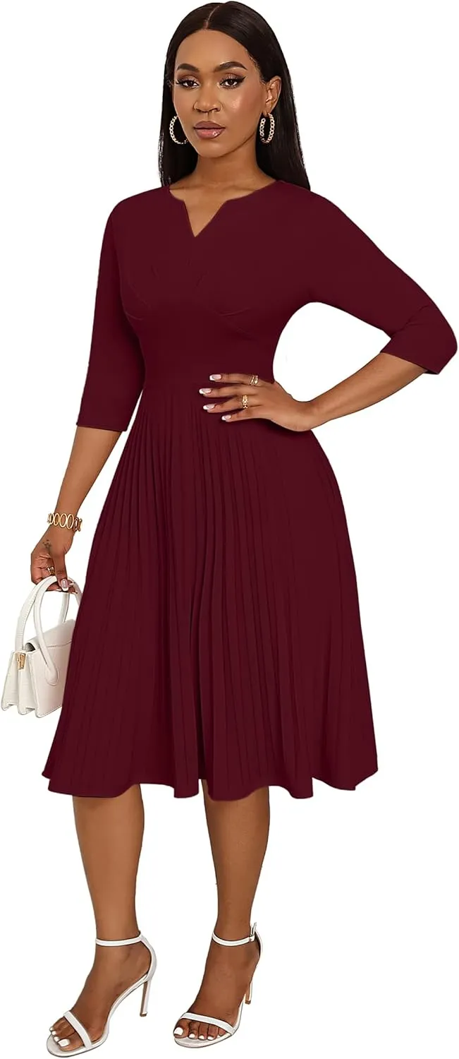 CLOCOR Midi Dresses for Women Casual Wrap Flared Pleated Dress A Line 3/4 Sleeve V Neck Church Cocktail Wedding Guest Dress