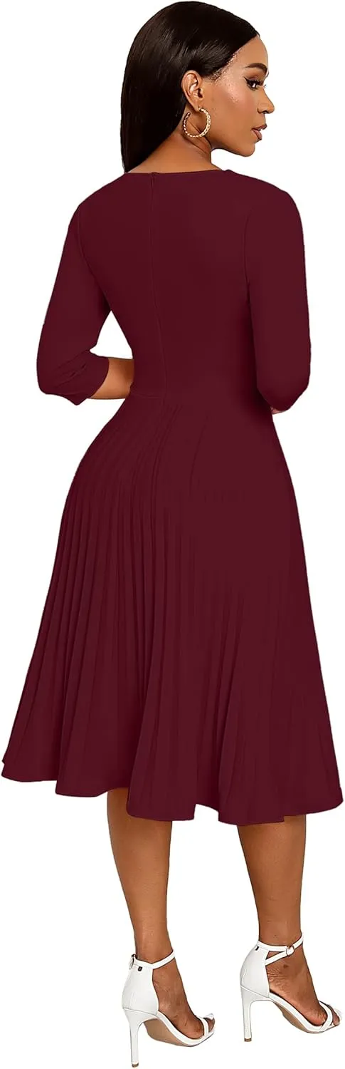 CLOCOR Midi Dresses for Women Casual Wrap Flared Pleated Dress A Line 3/4 Sleeve V Neck Church Cocktail Wedding Guest Dress