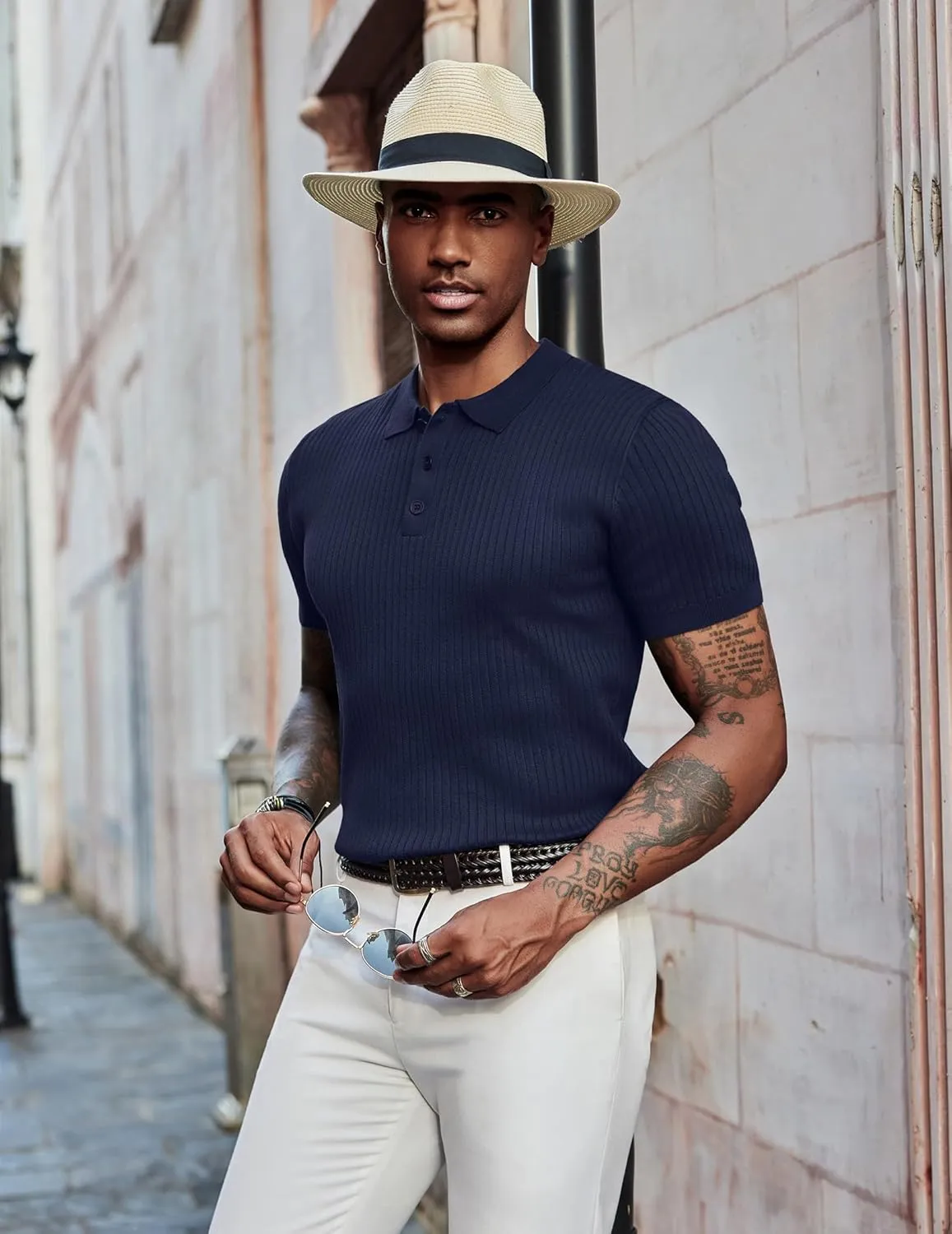 COOFANDY Mens Knit Polo Shirts Short Sleeve Button Down Shirt Textured Casual Summer Beach Shirts