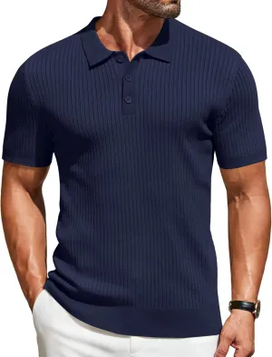 COOFANDY Mens Knit Polo Shirts Short Sleeve Button Down Shirt Textured Casual Summer Beach Shirts