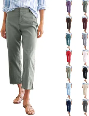 Cotton Linen Cropped Pants Women Straight Leg Capris Summer Business Casual Work Pants Ankle Length Chino Trousers