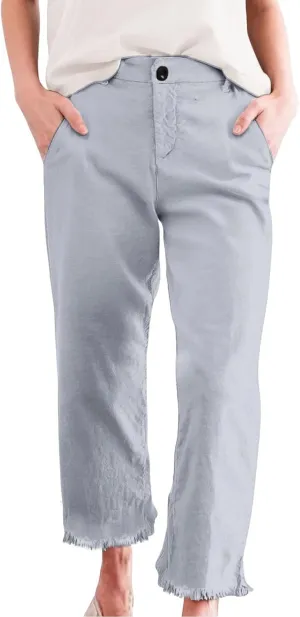Cotton Linen Cropped Pants Women Straight Leg Capris Summer Business Casual Work Pants Ankle Length Chino Trousers