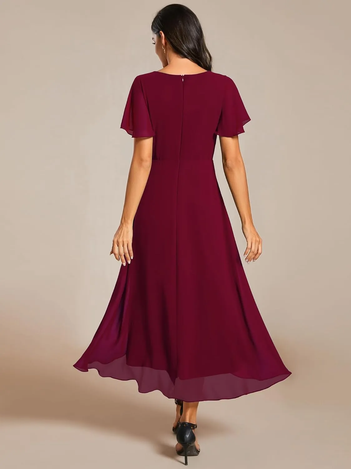 Ever-Pretty Women's A Line V Neck Ruffle Sleeves Pleated High Low Formal Dresses 02084