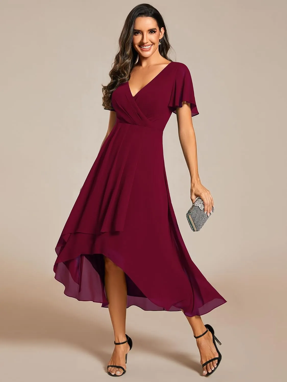 Ever-Pretty Women's A Line V Neck Ruffle Sleeves Pleated High Low Formal Dresses 02084