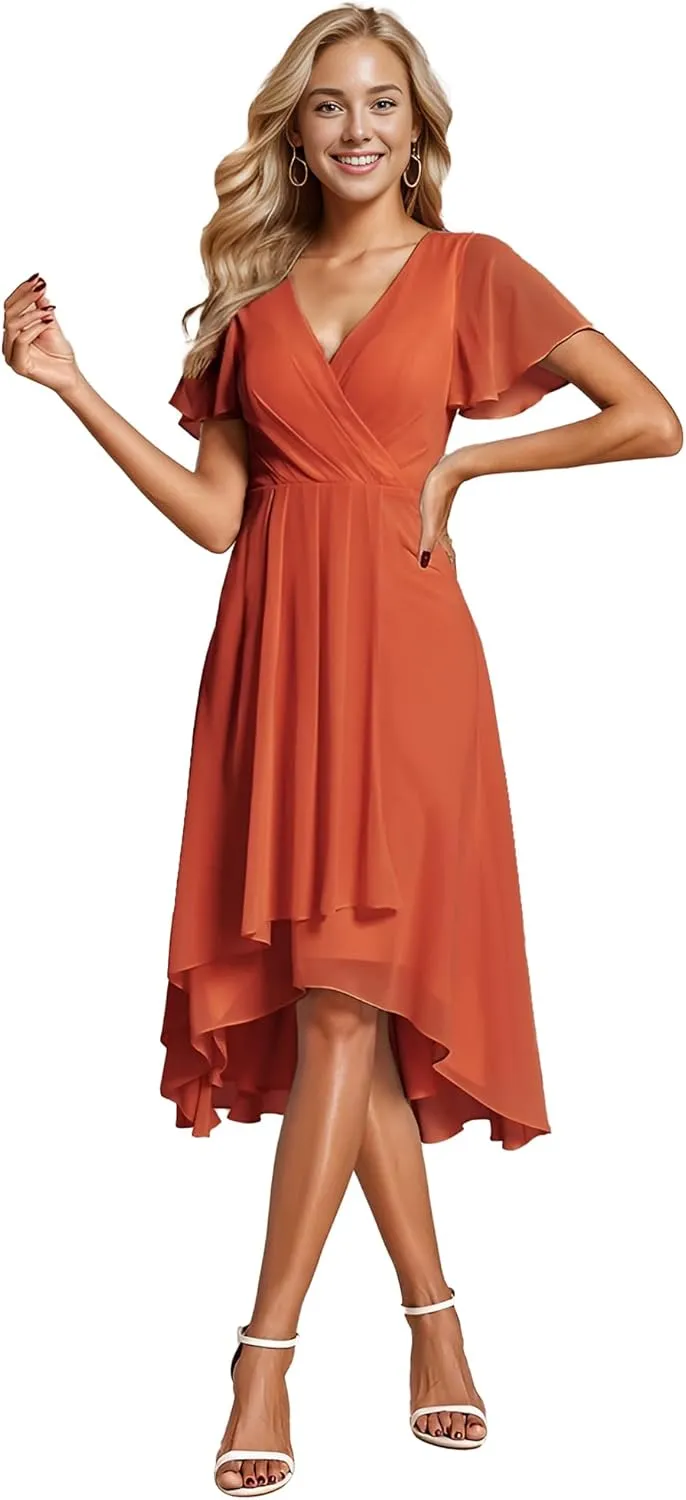 Ever-Pretty Women's Chiffon Formal Dresses V Neck Ruffle Sleeves Pleated High Low Summer Wedding Guest Dress