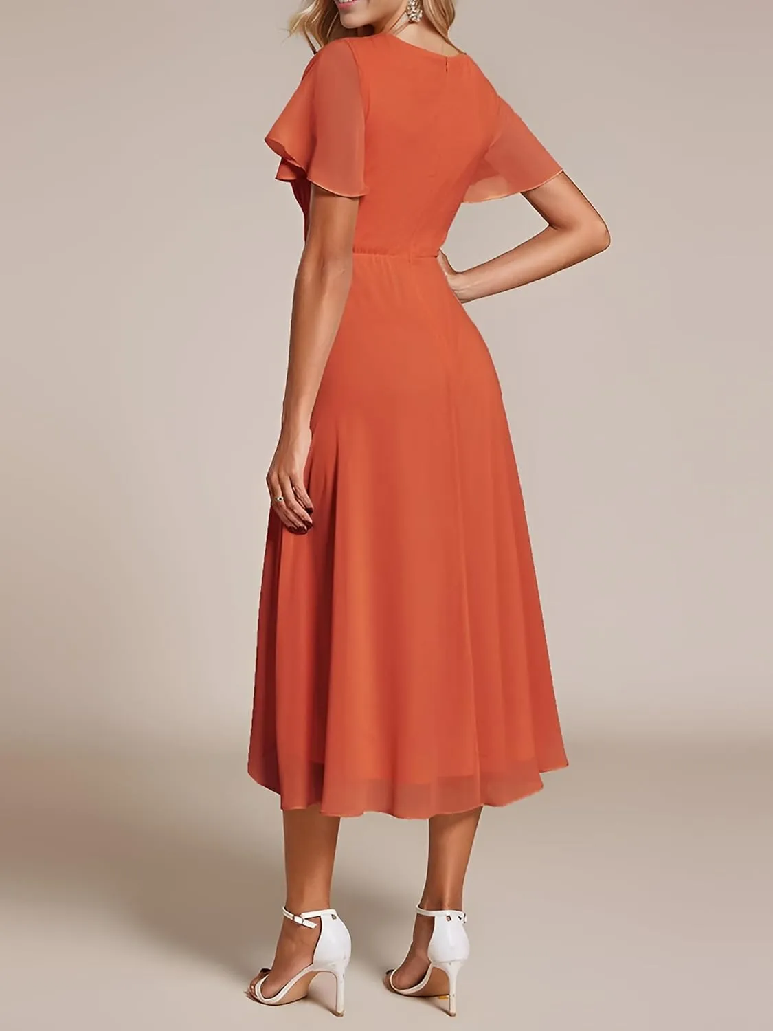 Ever-Pretty Women's Chiffon Formal Dresses V Neck Ruffle Sleeves Pleated High Low Summer Wedding Guest Dress