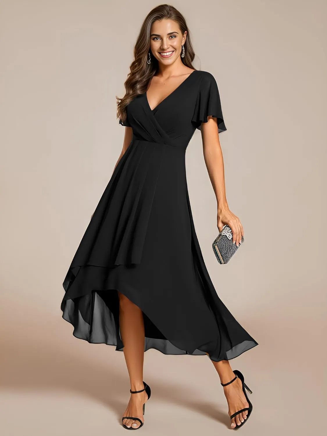 Ever-Pretty Women's Chiffon Formal Dresses V Neck Ruffle Sleeves Pleated High Low Summer Wedding Guest Dress