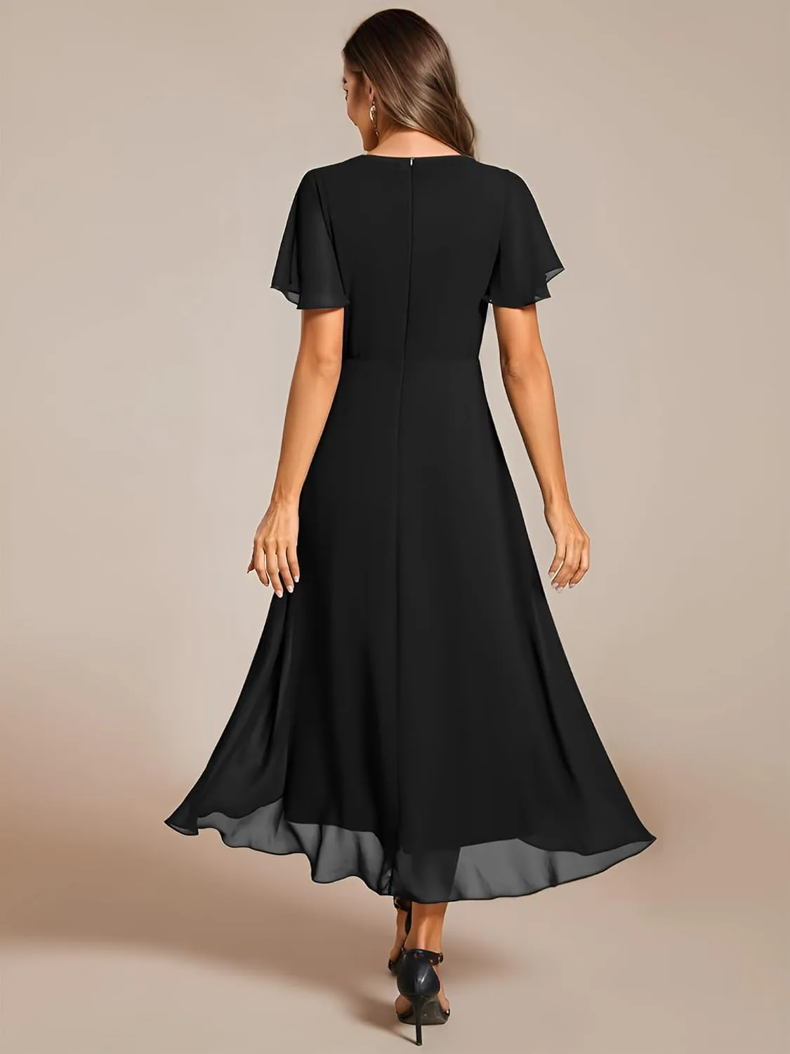 Ever-Pretty Women's Chiffon Formal Dresses V Neck Ruffle Sleeves Pleated High Low Summer Wedding Guest Dress