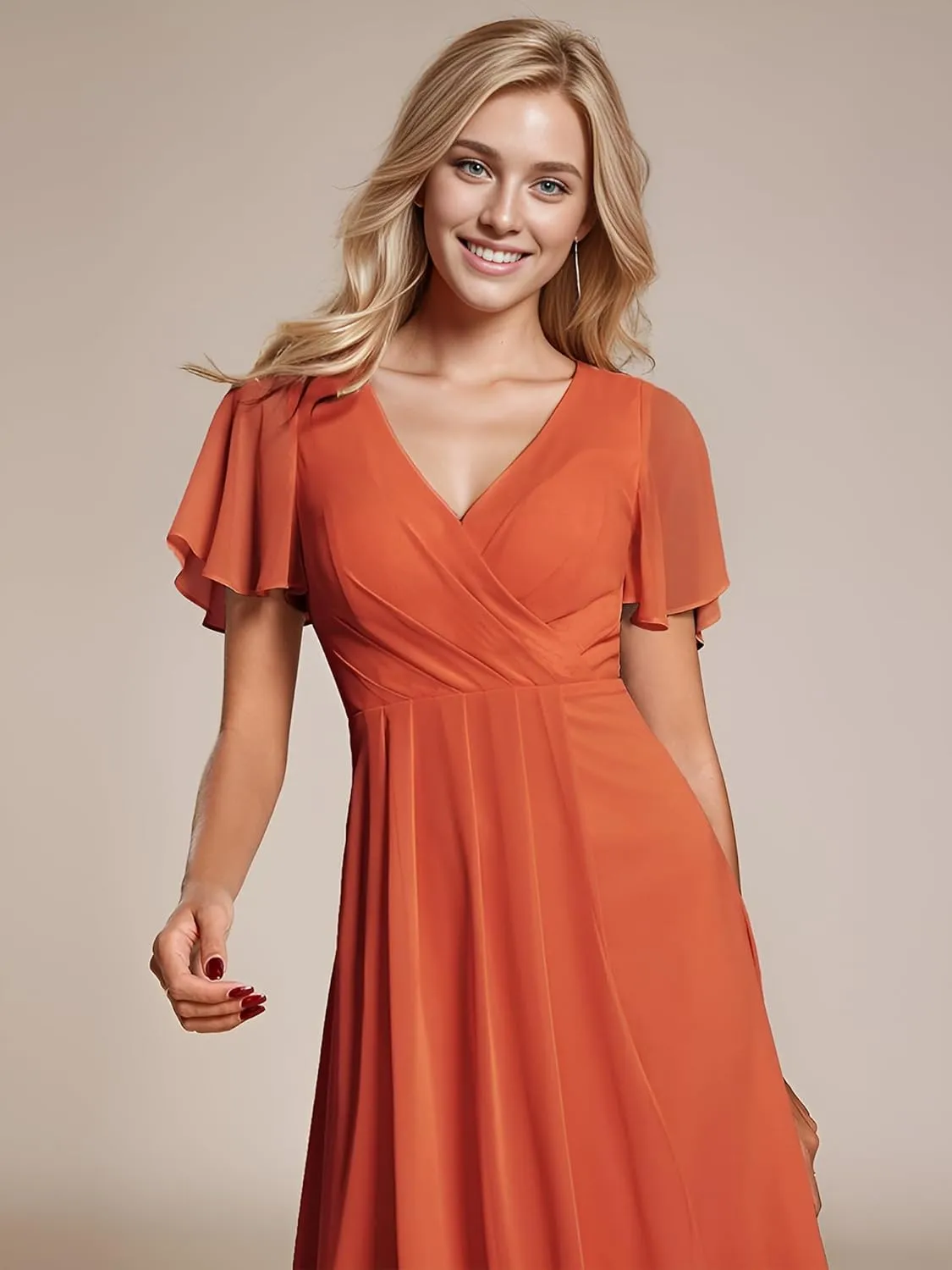 Ever-Pretty Women's Chiffon Formal Dresses V Neck Ruffle Sleeves Pleated High Low Summer Wedding Guest Dress