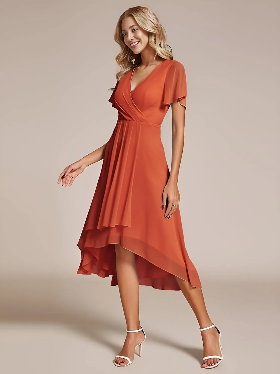 Ever-Pretty Women's Chiffon Formal Dresses V Neck Ruffle Sleeves Pleated High Low Summer Wedding Guest Dress