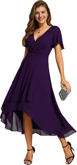 Ever-Pretty Women's Chiffon Formal Dresses V Neck Ruffle Sleeves Pleated High Low Summer Wedding Guest Dress