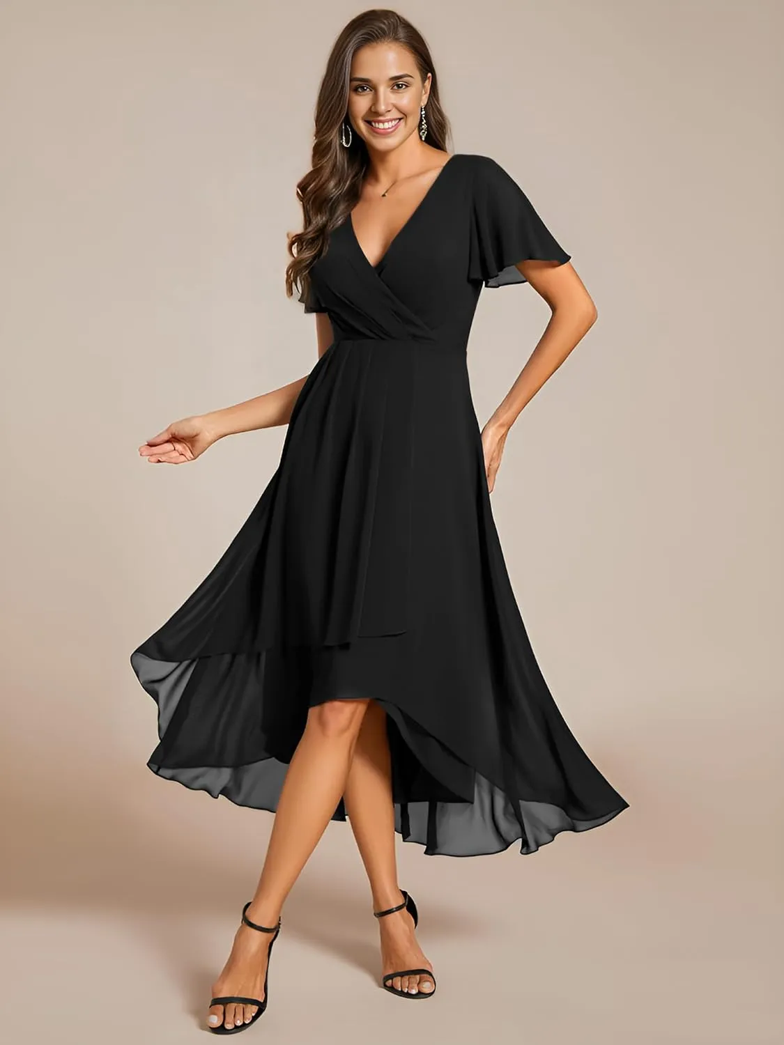 Ever-Pretty Women's Chiffon Formal Dresses V Neck Ruffle Sleeves Pleated High Low Summer Wedding Guest Dress
