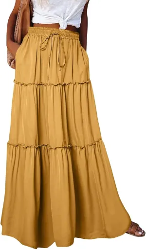 Floral Maxi Skirt for Women Summer 2025 Trendy Boho Elastic High Waisted Skirts A-Line Flowy Long Tiered Maxi Skirts