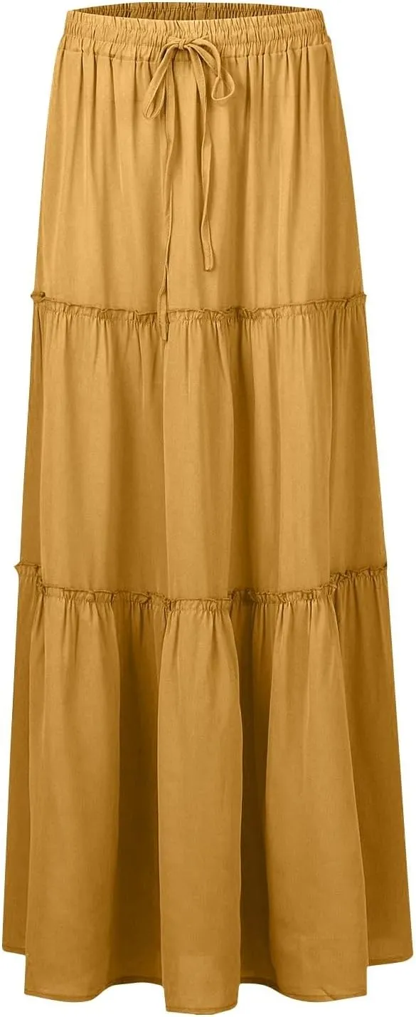 Floral Maxi Skirt for Women Summer 2025 Trendy Boho Elastic High Waisted Skirts A-Line Flowy Long Tiered Maxi Skirts