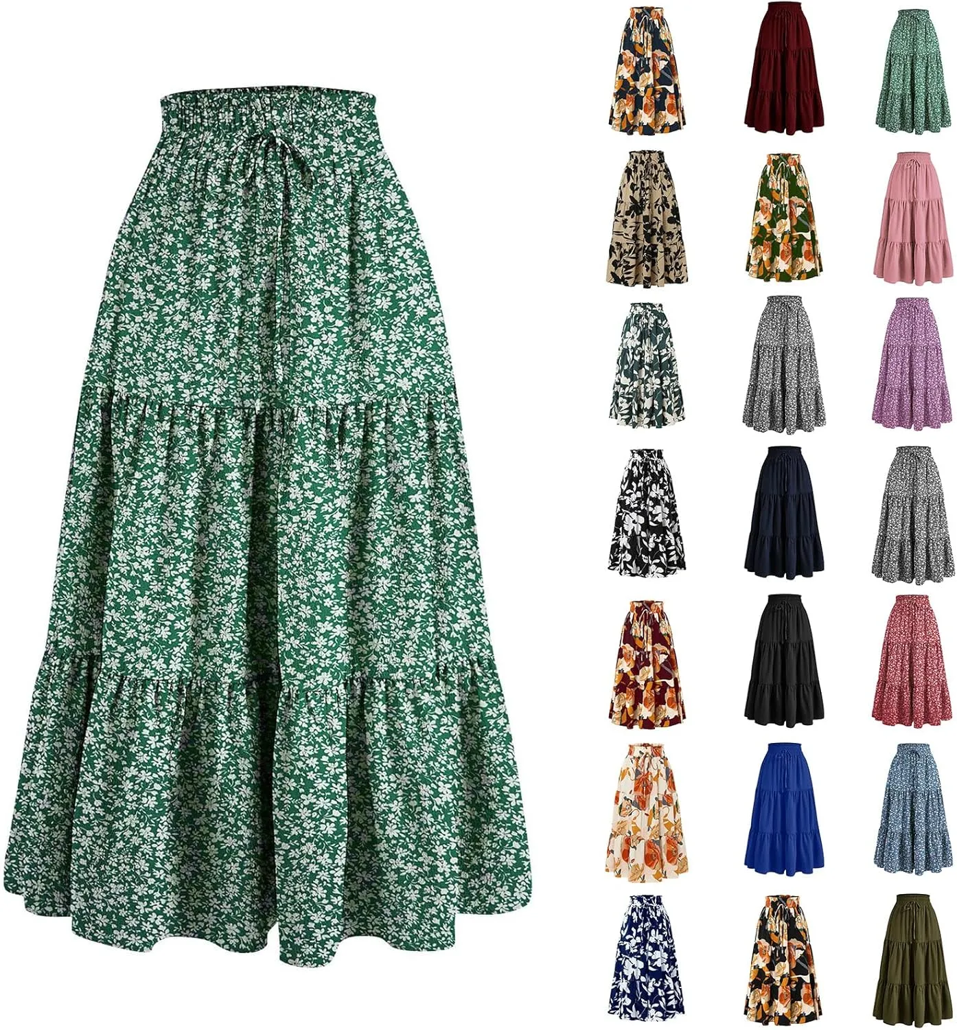 Floral Maxi Skirts for Women Trendy Summer Boho Tiered Long Flowy Skirt Drawstring High Waisted Swing A-Line Skirt