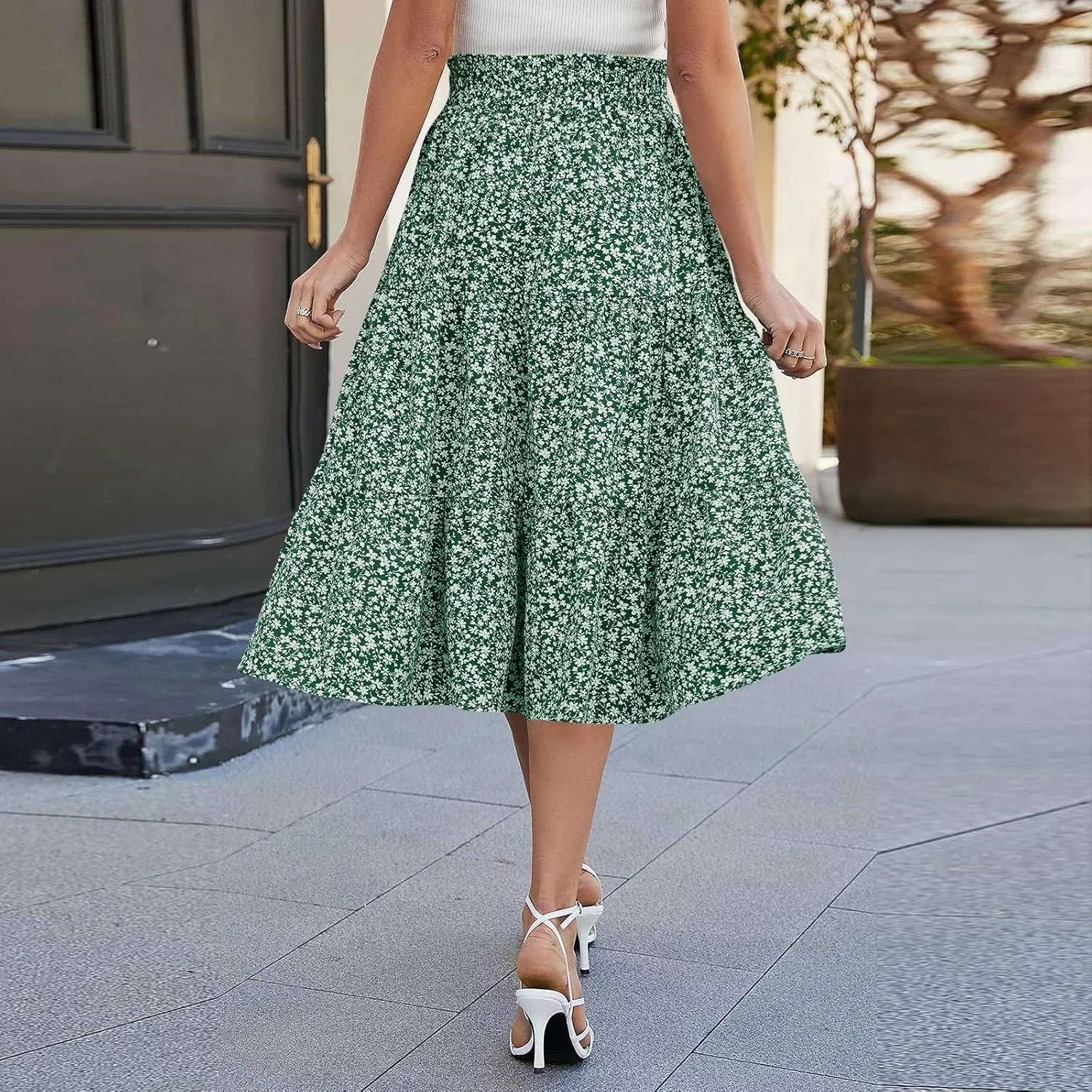 Floral Maxi Skirts for Women Trendy Summer Boho Tiered Long Flowy Skirt Drawstring High Waisted Swing A-Line Skirt