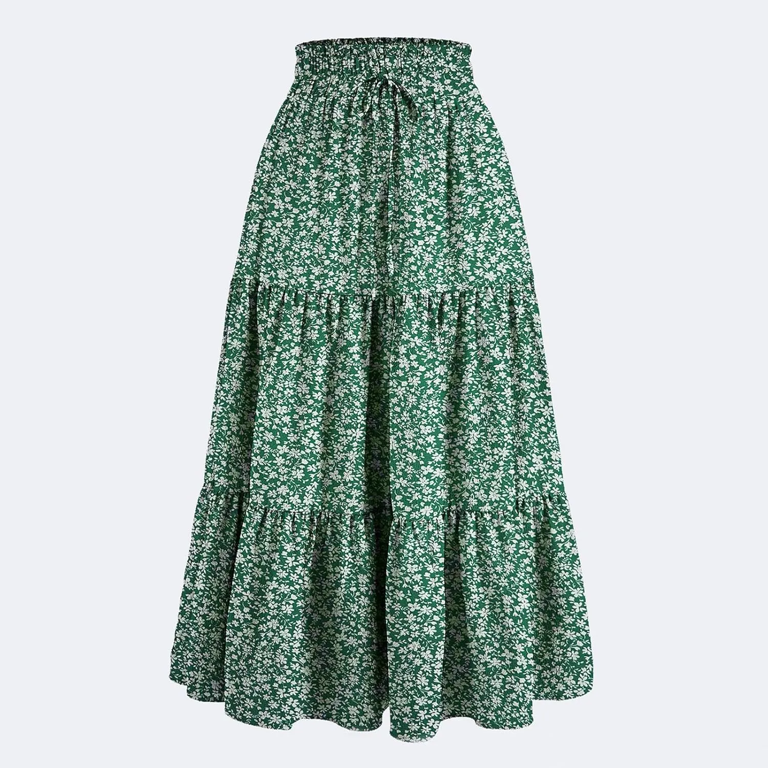 Floral Maxi Skirts for Women Trendy Summer Boho Tiered Long Flowy Skirt Drawstring High Waisted Swing A-Line Skirt