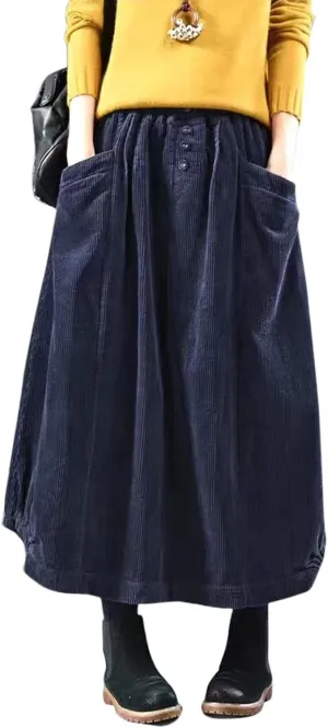 Flygo Women's Vintage Corduroy A-Line Pleated Long Midi Skirt with Pockets