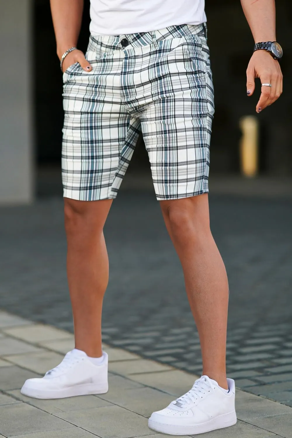 GINGTTO Mens Slim Fit Shorts Plaid Chino Short Tapered Leg Skinny Stretch