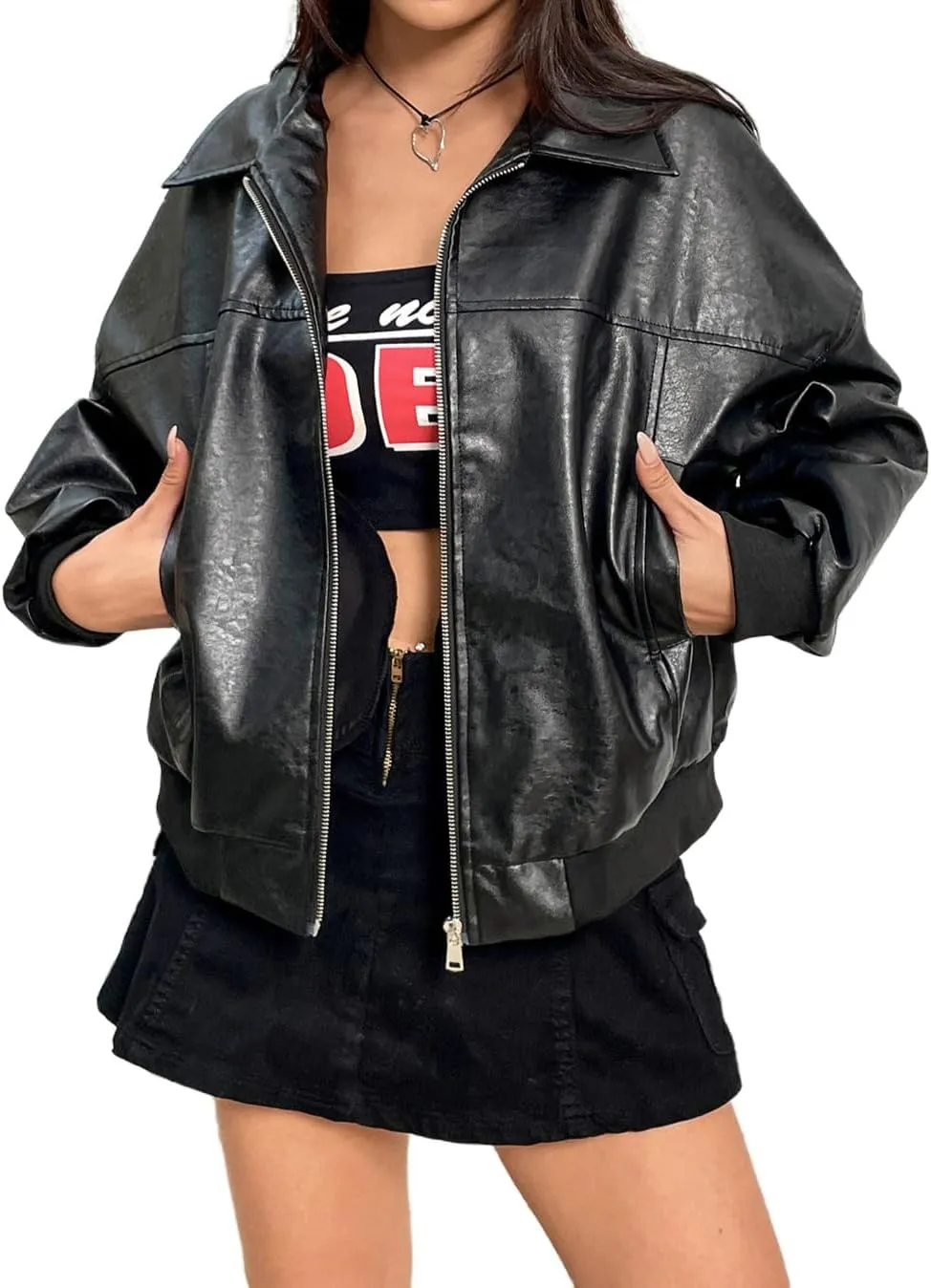 GORGLITTER Women's Oversized Leather Jackets Long Sleeve Zip Up Motorcycle Bomber Jacket Coat