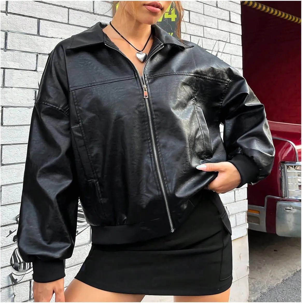 GORGLITTER Women's Oversized Leather Jackets Long Sleeve Zip Up Motorcycle Bomber Jacket Coat