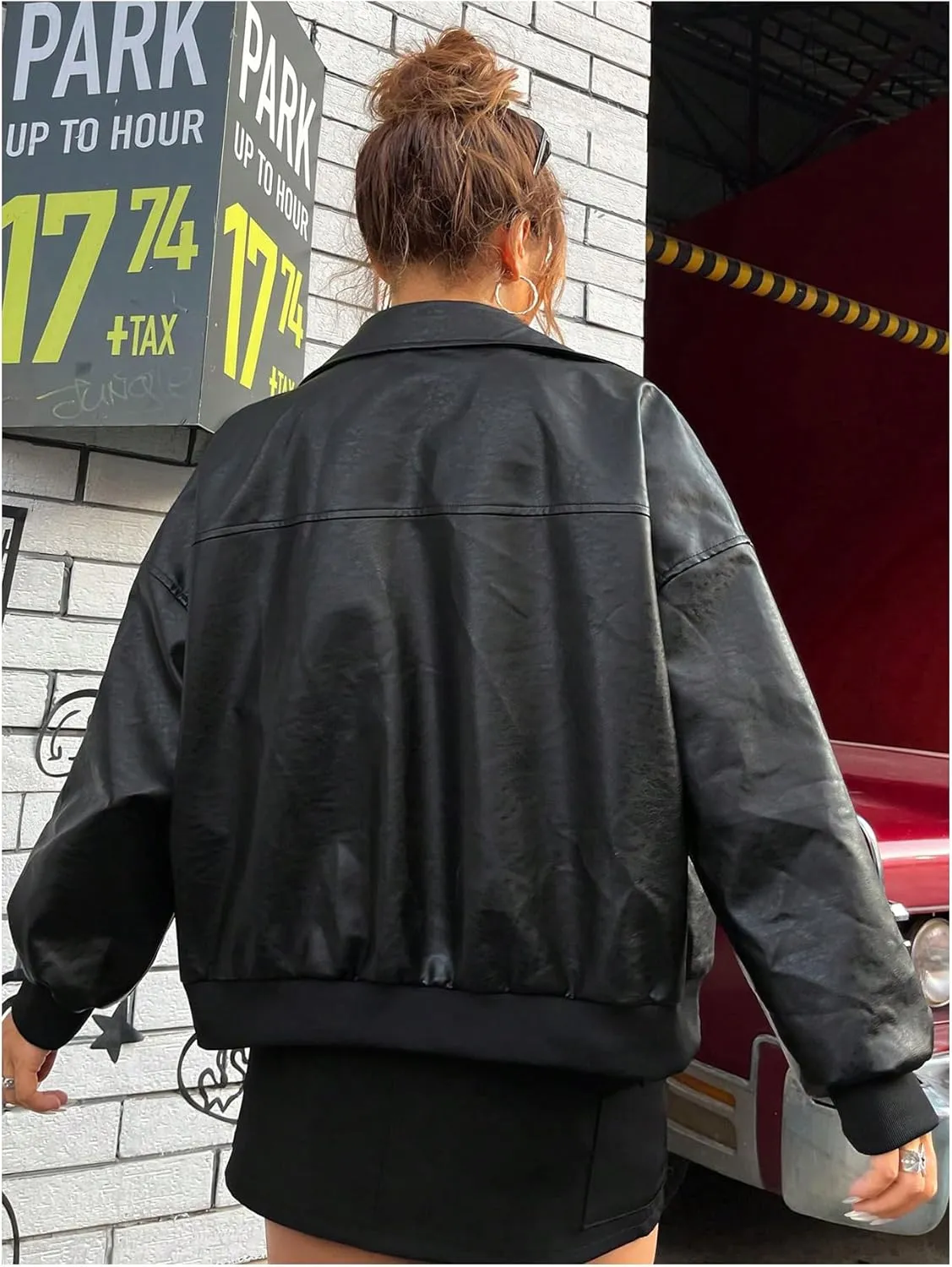 GORGLITTER Women's Oversized Leather Jackets Long Sleeve Zip Up Motorcycle Bomber Jacket Coat