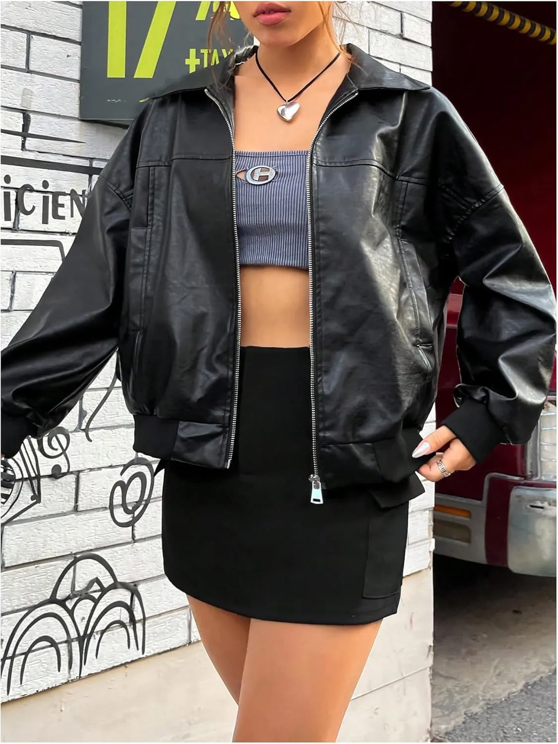 GORGLITTER Women's Oversized Leather Jackets Long Sleeve Zip Up Motorcycle Bomber Jacket Coat