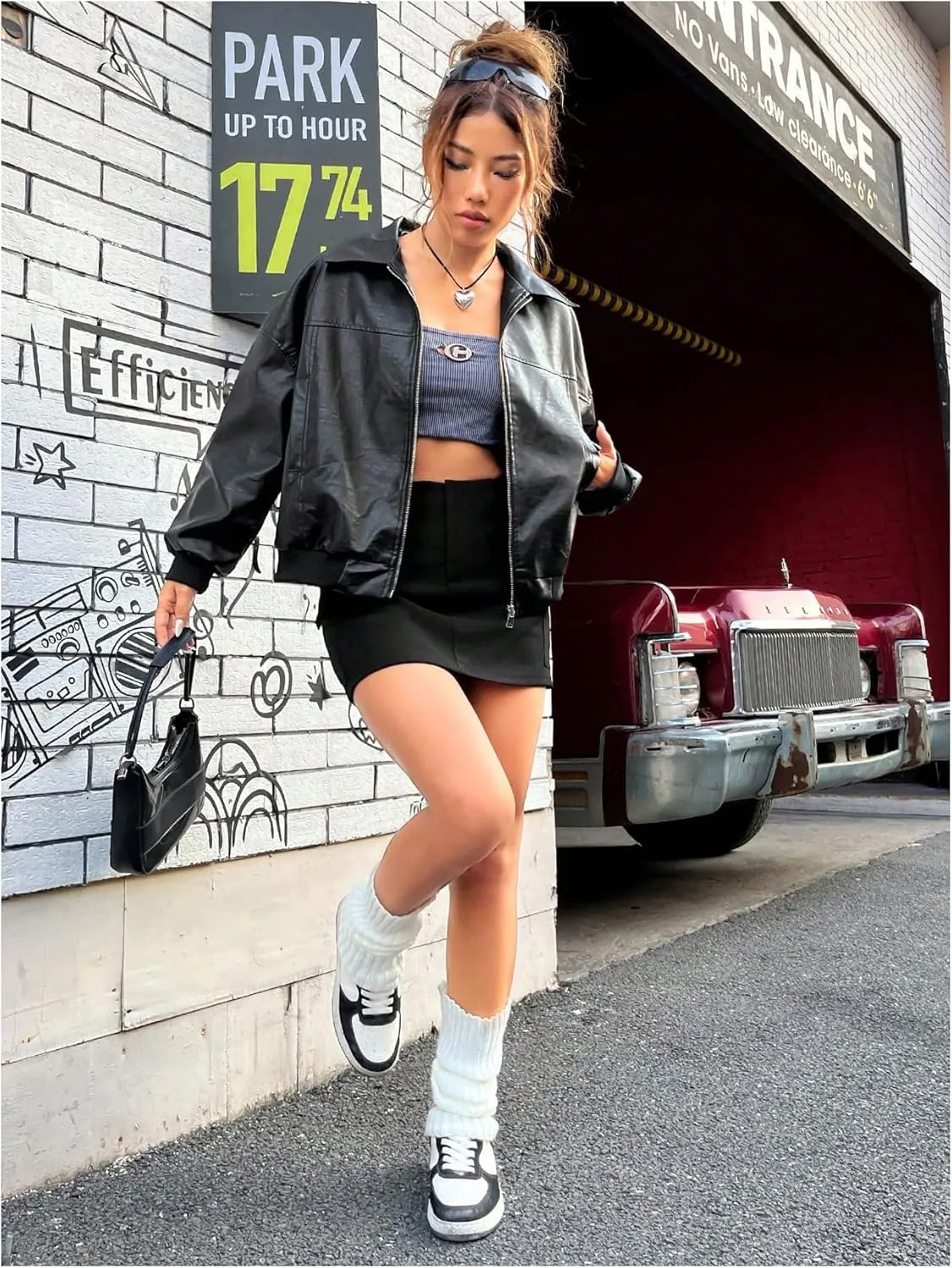 GORGLITTER Women's Oversized Leather Jackets Long Sleeve Zip Up Motorcycle Bomber Jacket Coat