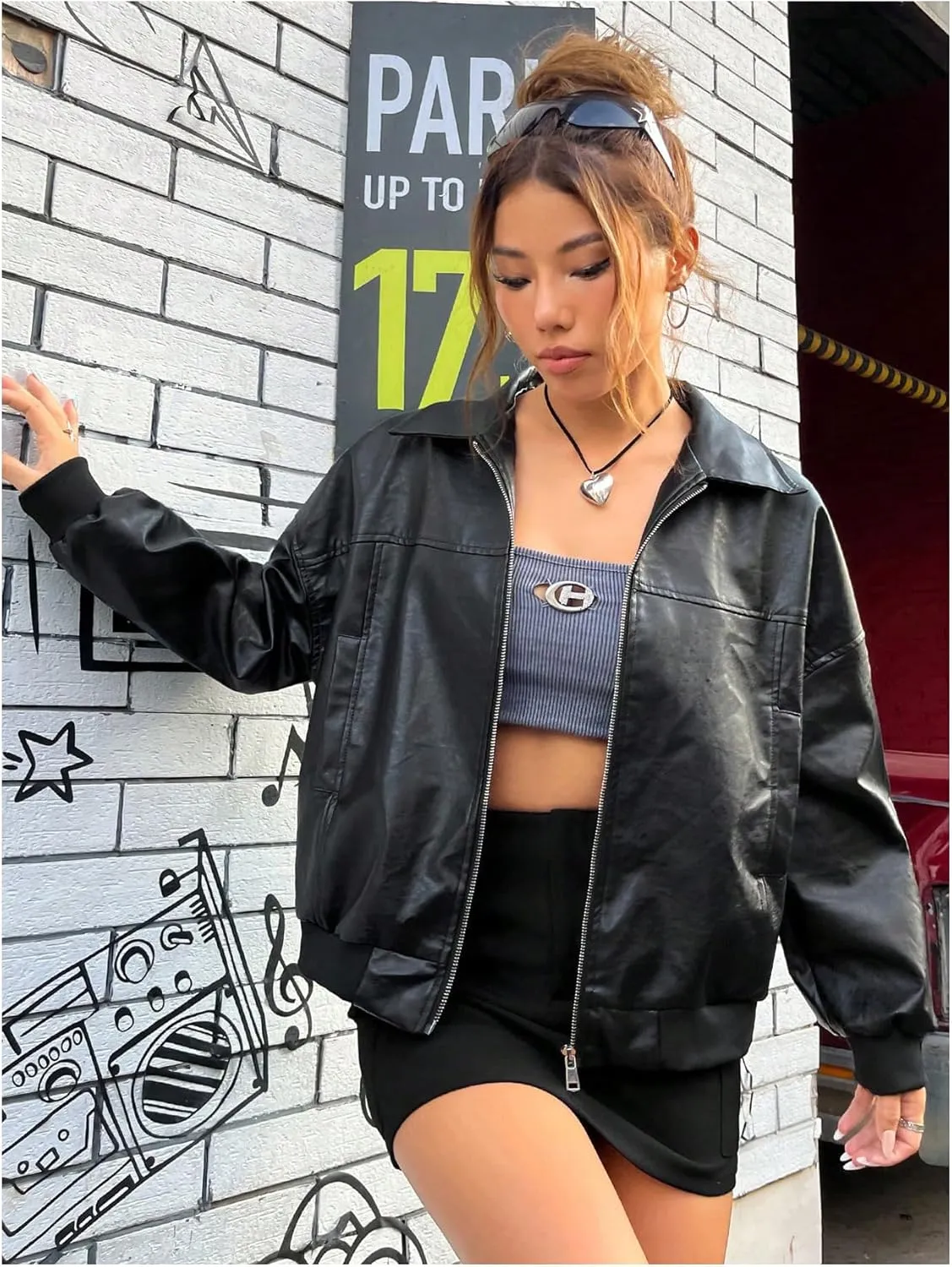 GORGLITTER Women's Oversized Leather Jackets Long Sleeve Zip Up Motorcycle Bomber Jacket Coat