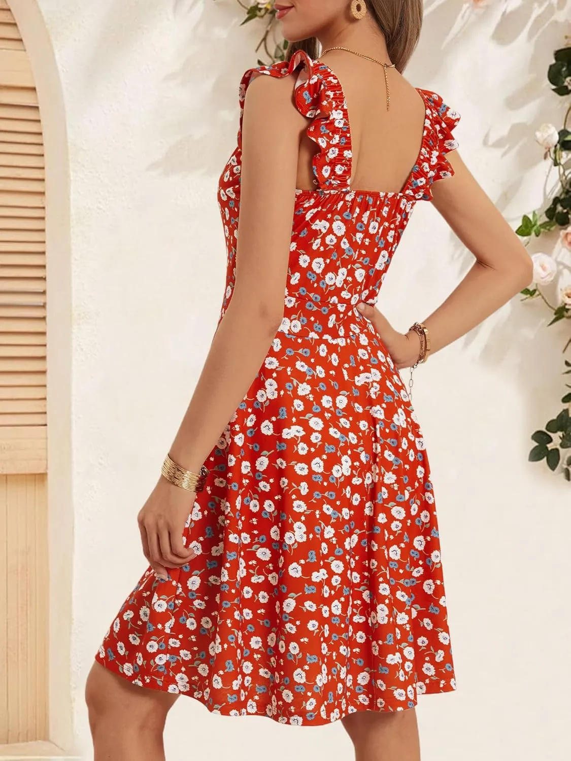 HUHOT Summer Sun Dresses for Women 2025 Adjustable Square Neck Sleeveless Midi Floral Graduation Beach Casaul Sundresses