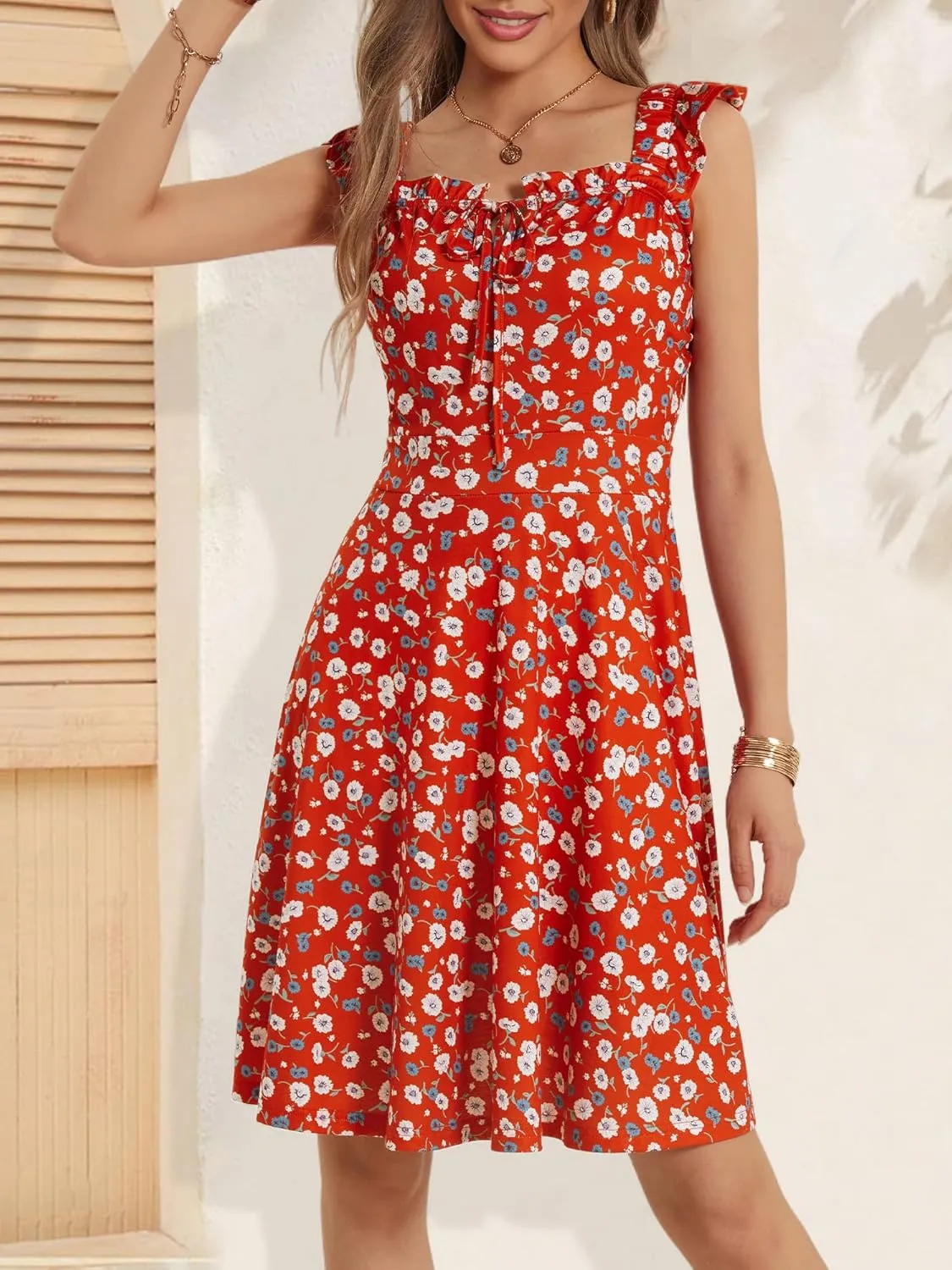 HUHOT Summer Sun Dresses for Women 2025 Adjustable Square Neck Sleeveless Midi Floral Graduation Beach Casaul Sundresses