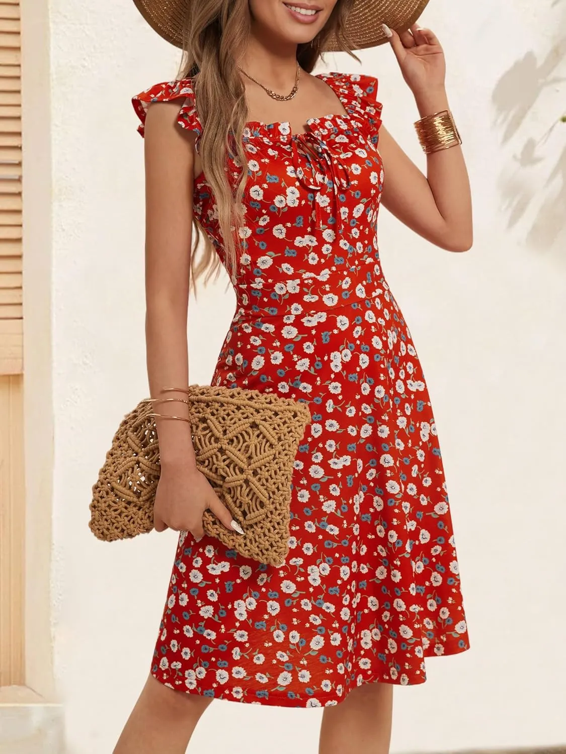 HUHOT Summer Sun Dresses for Women 2025 Adjustable Square Neck Sleeveless Midi Floral Graduation Beach Casaul Sundresses