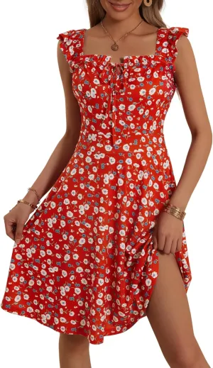 HUHOT Summer Sun Dresses for Women 2025 Adjustable Square Neck Sleeveless Midi Floral Graduation Beach Casaul Sundresses
