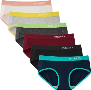 INNERSY Womens Underwear Cotton Hipster Panties Mid Rise Briefs Wide Waistband 6 Pack