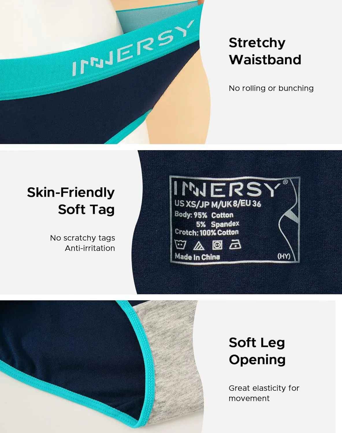 INNERSY Womens Underwear Cotton Hipster Panties Mid Rise Briefs Wide Waistband 6 Pack
