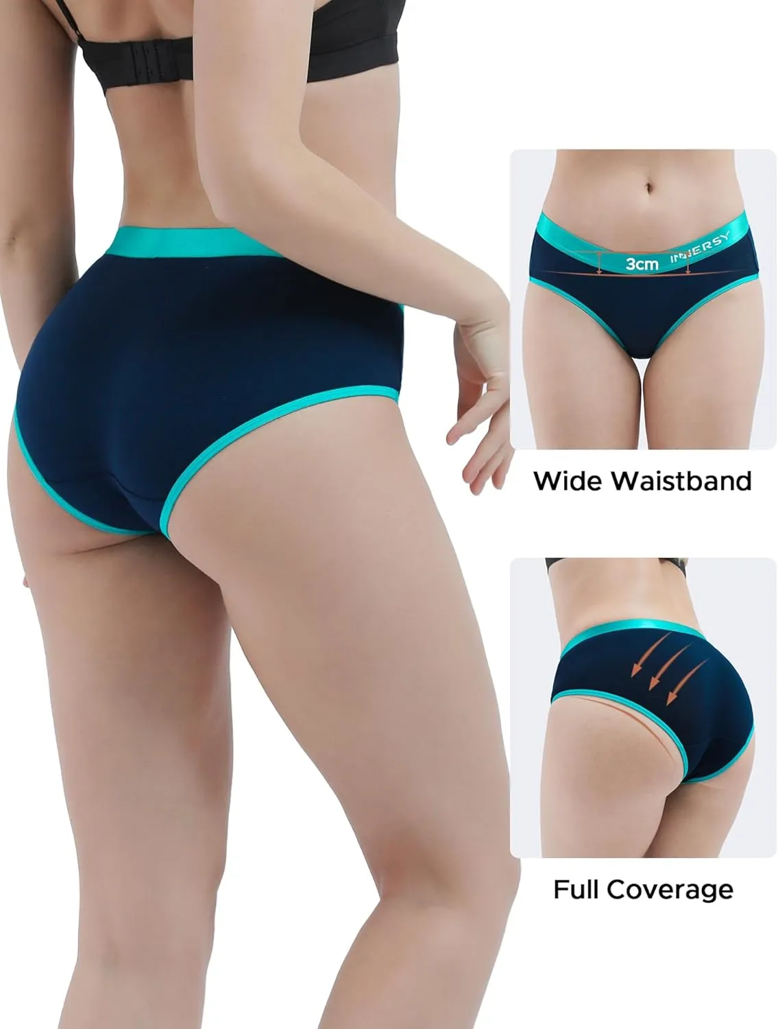 INNERSY Womens Underwear Cotton Hipster Panties Mid Rise Briefs Wide Waistband 6 Pack