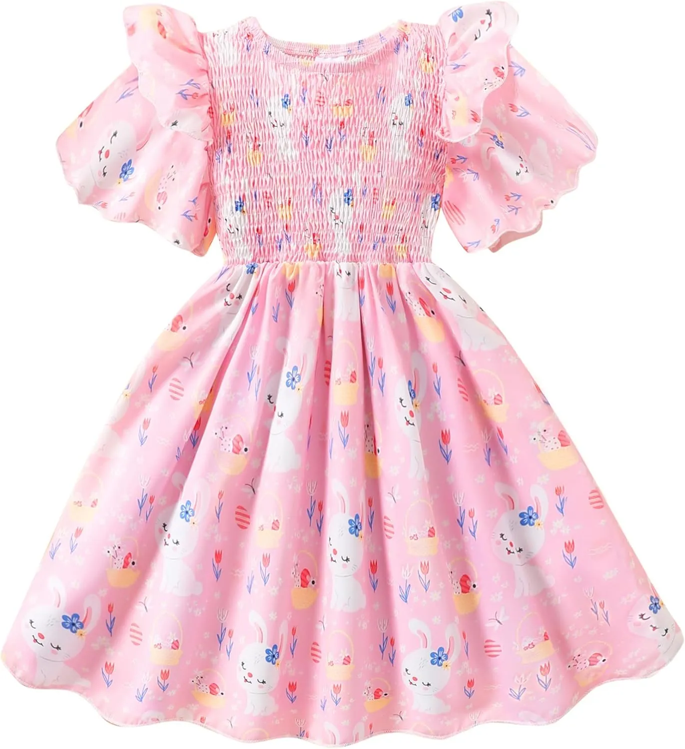 Little Girls Dress Ruffle Sleeve Floral Smocked Dresses Kids Casual Outfits Toddler Summer Tiered Boho Sundress 2-7T