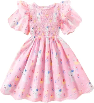 Little Girls Dress Ruffle Sleeve Floral Smocked Dresses Kids Casual Outfits Toddler Summer Tiered Boho Sundress 2-7T