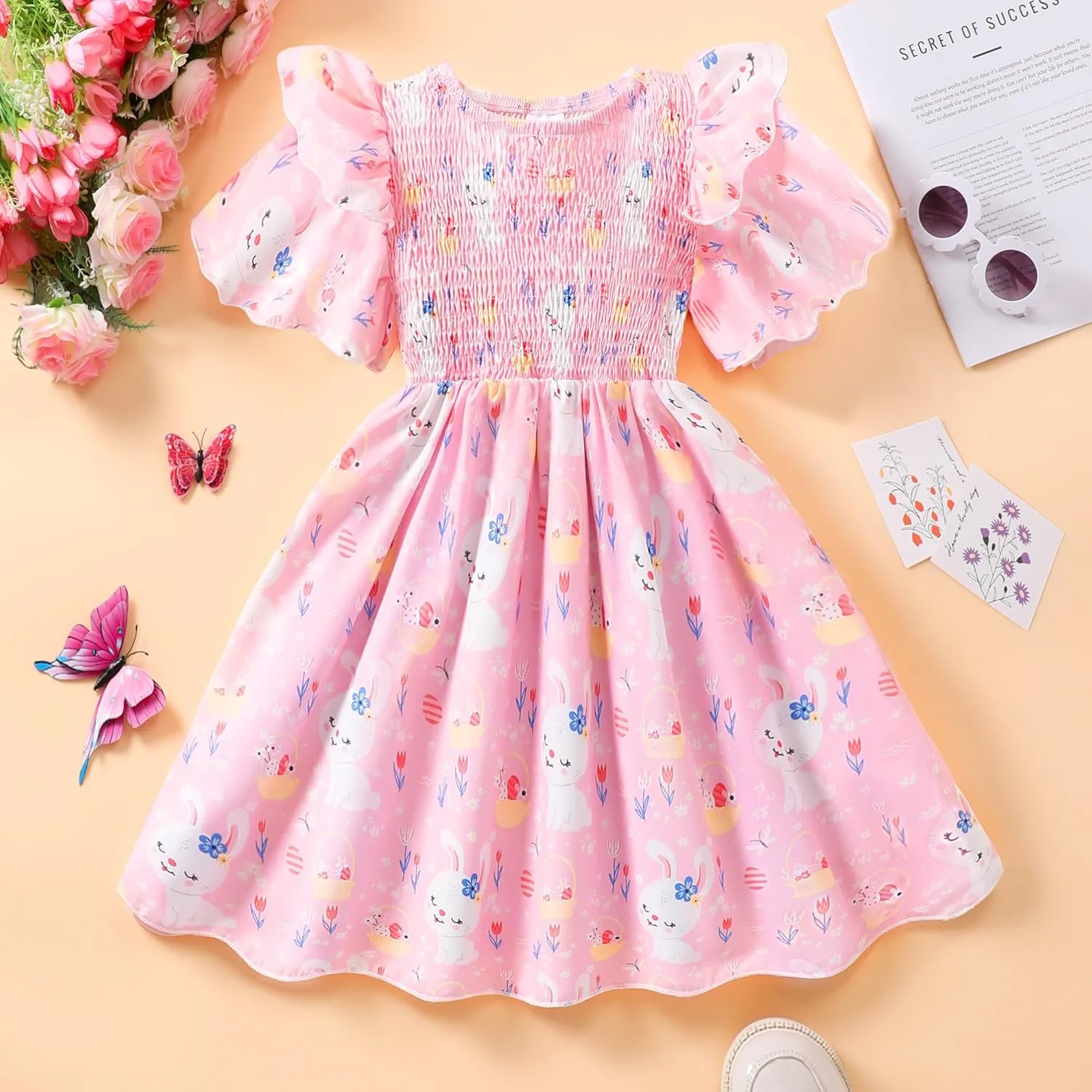 Little Girls Dress Ruffle Sleeve Floral Smocked Dresses Kids Casual Outfits Toddler Summer Tiered Boho Sundress 2-7T